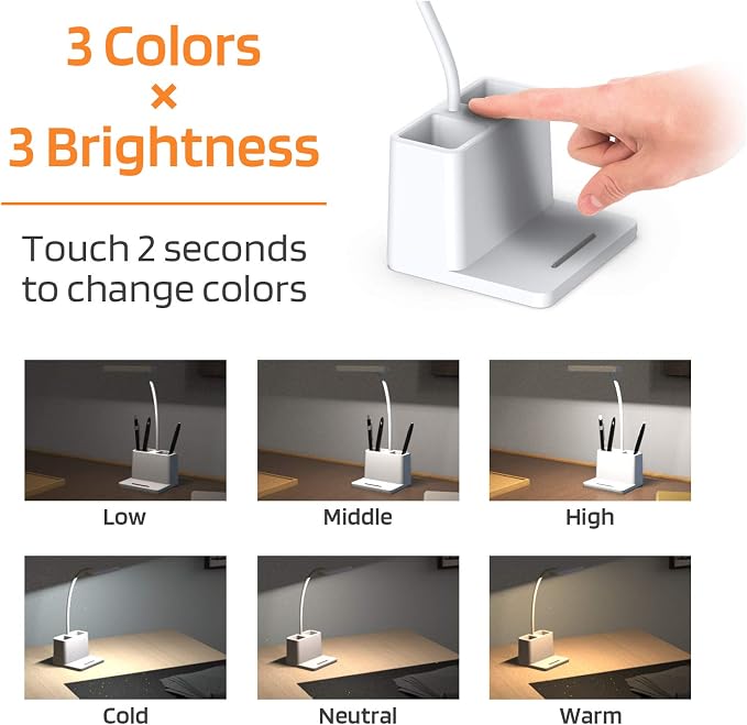 AXX Small Desk Lamp, Rechargeable Cute Table Light for Kids Teens | for College Dorm Room, Home Office, Bedroom, White, LED, Pen Holder, Mini, Gooseneck, Computer Task, Desktop Study - Image 3