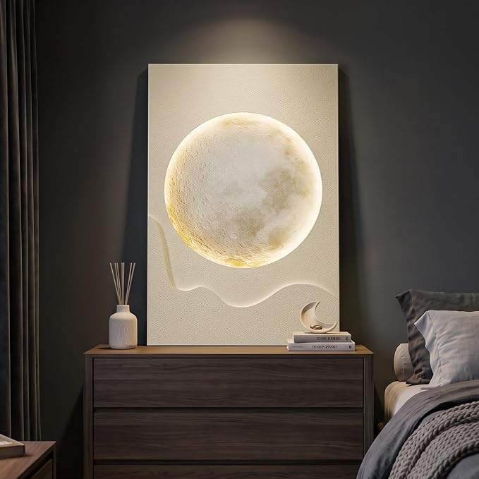 Cuspin Large Modern Minimalist White 3D LED Moon Wall Art 24x36 In | Warm lighted wall art, Cream tones wall decor, Lunar pictures, Soft textured wall art for living room bedroom dining room - Image 3