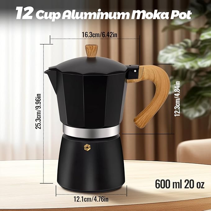 12 Cup Aluminum Moka Pot Classic Stovetop Espresso Coffee Maker 600ml 20oz Coffeemaker Percolator Mocha Pot Greca Coffee Maker Cafe Makers for Italian and Cuban Café Brewing Black - Image 2