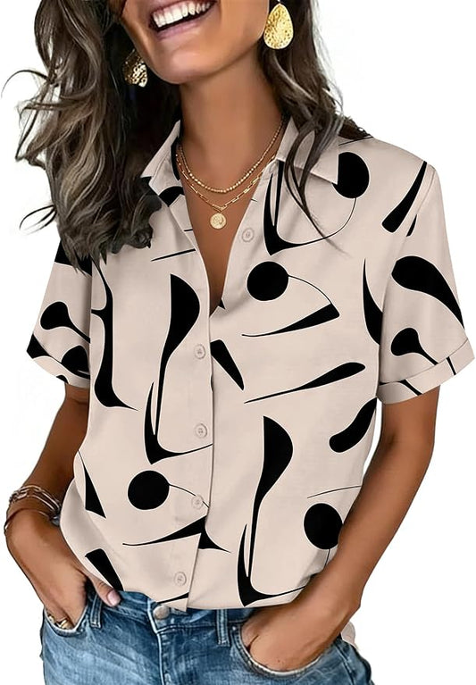 Zeagoo Button Down Shirts for Women Short Sleeve Collared Tops Dressy Casual V Neck Blouses by Zeagoo