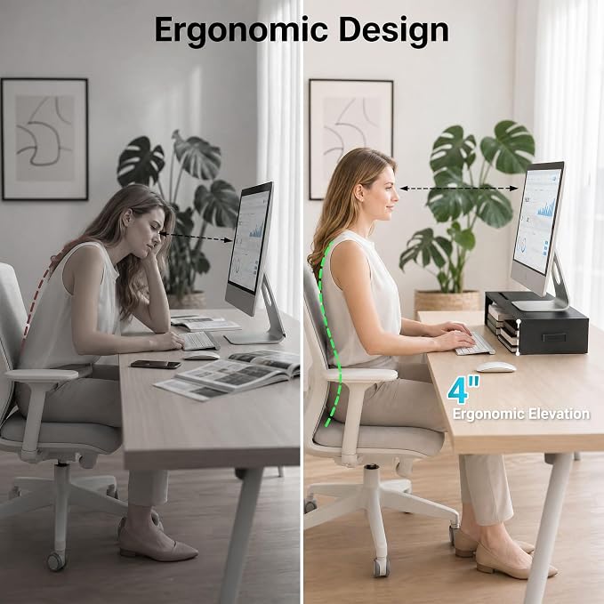 1home Monitor Stand Riser, 16.7 Inch Wood Monitor Riser Stand with Storage Organizer, Desktop Ergonomic Monitor Stand Riser with Cellphone Holder and Cable Management, Black | 16.7 Inch Wood Monitor Riser Stand, Desktop Stand for PC/TV/Laptop/Printer, ... - Image 5