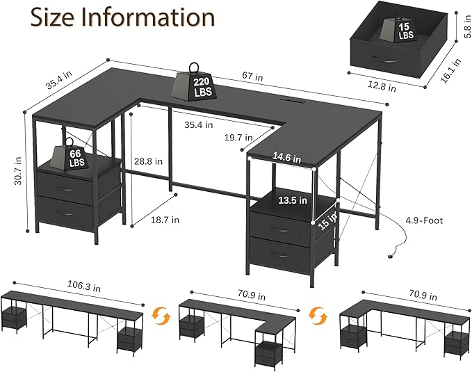 YOSHOOT 67" U Shaped Computer Desk, Reversible L Shaped Gaming Desk | Corner Desk with Power Outlets, 4 Drawers, 2 Storage Shelf, Computer Table with 4 Installation Methods, Black - Image 3