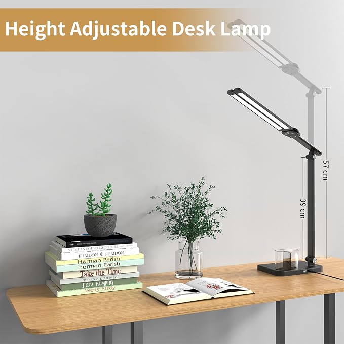 Woputne LED Desk Lamp Dual Heads, Dual USB Port, Height Adjustable, 15W | 5 Light Modes & Dimmable Brightness,Desk Lamps for Home Office Bedside Lamp for Reading, Craft, Work, Study (Black) - Image 3