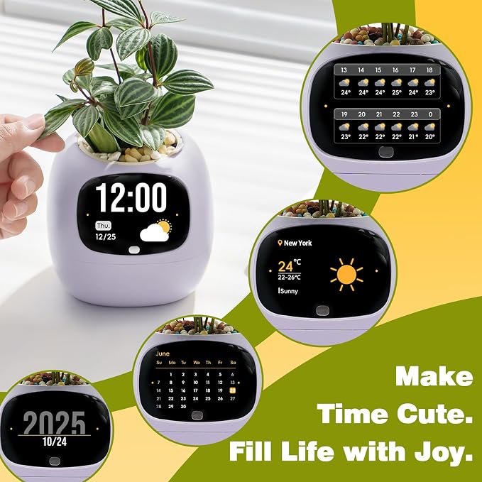 Smart Plant Pot with Visual Display – Soil Moisture, Water Level, Light & Battery Monitor, 80ml Self-Watering Reservoir, Supports 50+ Plants, Pomodoro Timer, Clock & Calendar (Purple) - Image 6