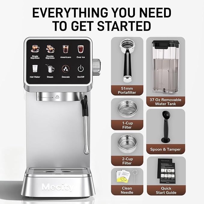 Mecity 20 Bar Espresso Machine with Milk Frother, Touchscreen Coffee Maker for Espresso, Americano & Over Ice Coffee, Compact Stainless Steel Latte & Cappuccino Maker - Image 7