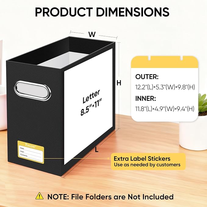 BALEINE File Organizer Box, Cardboard File Folder Organizer with Handle for Letter Size, Portable Collapsible Hanging Filing Box for Home Office Document Storage (4 Pack, Black) - Image 3