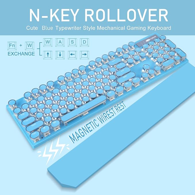Typewriter Style Mechanical Gaming Keyboard,Retro Punk Gaming Keyboard with White Backlit, 104 Keys Blue Switch Wired Cute Keyboards with Detachable Wrist Rest,Blue Keyboards for Office/PC/Laptop - Image 2