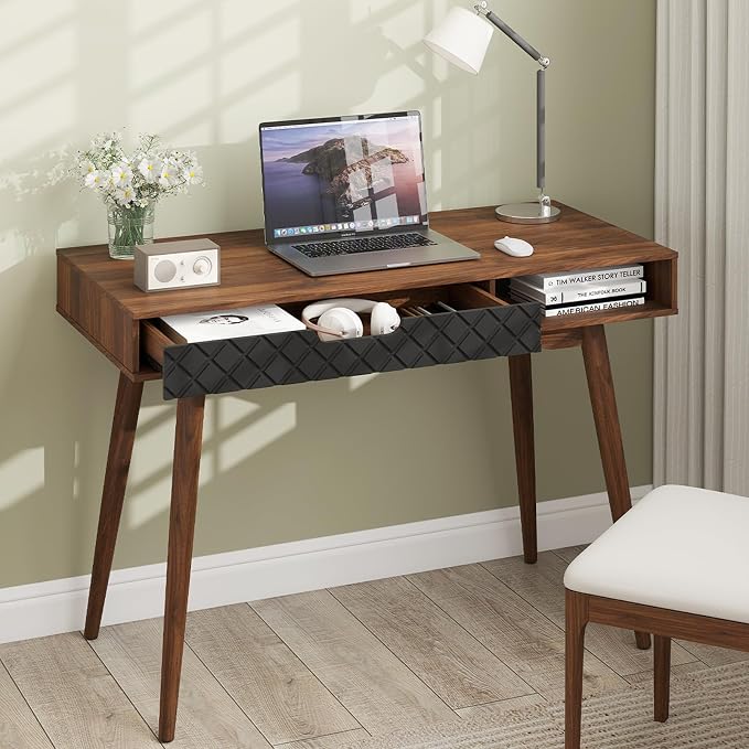 Tangkula Mid Century Modern Desk, Home Office Standing Desk w/Drawer & Open Compartment, Small Computer Desk Work Study Table, Vintage Writing Desk Wooden Workbench for Bedroom/Living Room by TANGKULA