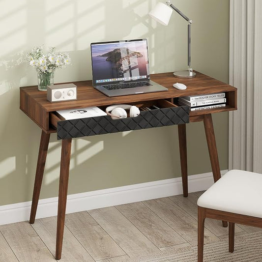 Tangkula Mid Century Modern Desk, Home Office Standing Desk w/Drawer & Open Compartment, Small Computer Desk Work Study Table, Vintage Writing Desk Wooden Workbench for Bedroom/Living Room by TANGKULA