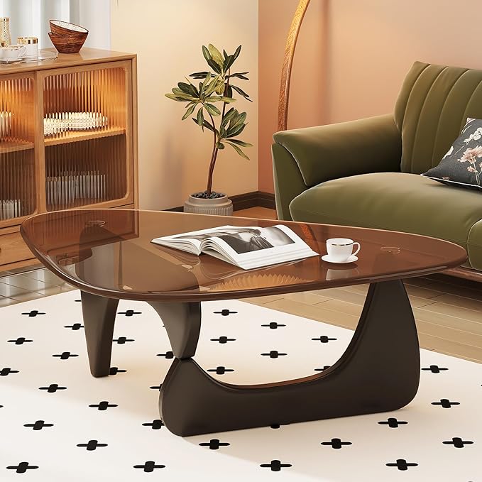 Coffee Table for Living Room Mid Century Modern Center Table with Glass Top and Wood, 32 Inch, Brown/Black - Image 5