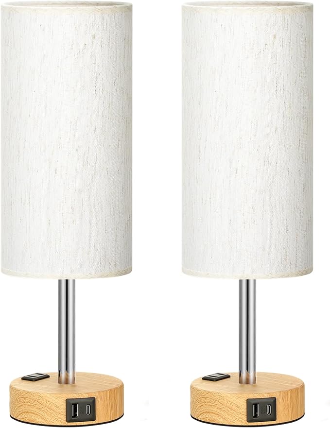 Fenmzee Small Touch Table Lamps Set of 2-3-Way Dimmable, USB A + C Charging, AC Outlet, Wood Grain Base, Bulbs Included - Image 2
