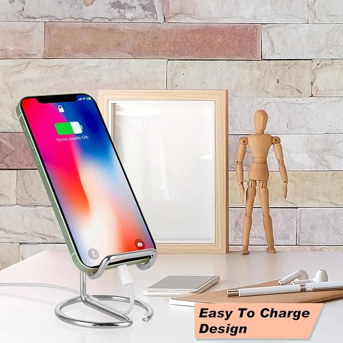 ROPOSY Cell Phone Stand for Desk, Cute Metal Silver Cell Phone Stand Holder Desk Accessories, Compatible with All Mobile Phones, iPhone, iPad - Image 4