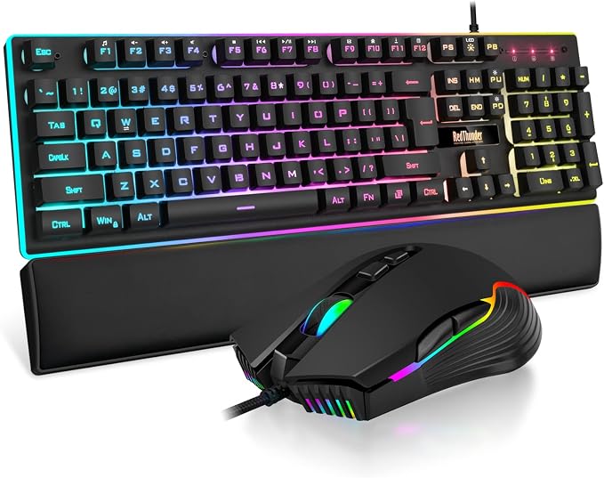 RedThunder K10 Wired Gaming Keyboard and Mouse and Wrist Rest Combo, RGB Backlit, Mechanical Feel Anti-ghosting Keyboard + 7D 7200 DPI Mice+Soft Leather Wrist Rest 3 in 1 PC Gamer Accessories(Black) by RedThunder