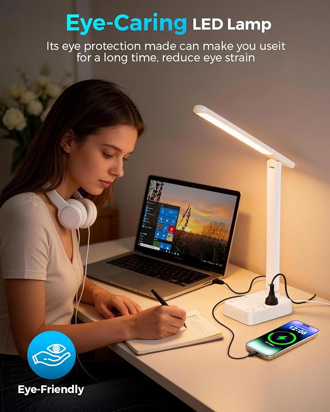 LED Desk Lamp with Power Strip, 3 AC Outlets & 4 USB Ports (2 USB-C), Stepless Dimming&2800K-6500K Eye-Caring Desk Light, Foldable Table Lamp with 5FT Cord for Home Office, Dorm Room Essentials White - Image 7