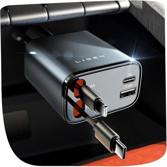 LISEN Retractable Car Charger, 84W Car Charger USB C Fast Charger Adapter, Car Accessories for Men Women, Gifts for Fathers Day for Men Dad Husband, for iPhone 17 16 15 14 13 12 Pro Max, Christmas | Multiple Ports Car Charger, Retractable Car Charger F... by Lisen