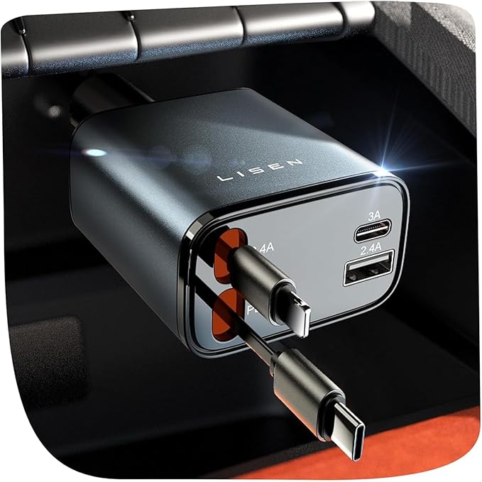 LISEN Retractable Car Charger, 84W Car Charger USB C Fast Charge, Multi Cigarette Lighter Adapter, 4 in 1 Car Accessories Birthday Gifts for Men Women Dad Mom Husband, for iPhone 17 16 15 14 13 12 X by Lisen