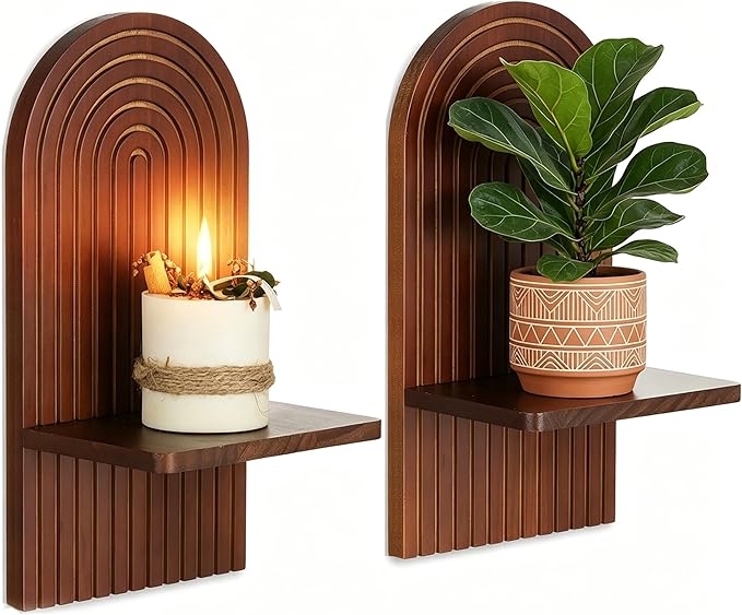 Mid Century Modern Walnut Wall Candle Holder Set of 2 | 3D Arch Candle Sconces, MCM Decor, Wooden Minimalist Shelf, for Plants or Pillars, for Living Room Fireplace by Walasis