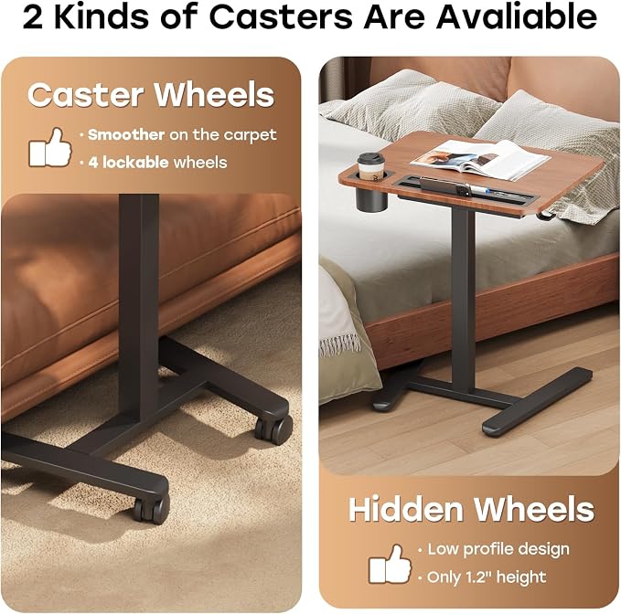 Small Mobile Standing Desk with Drawer, 23.6" x 19.7" Top | Height Adjustable Portable Laptop Desk with Wheels & Cup Holder, Sit Stand Computer Workstation for Compact Space, Dark Wood - Image 7
