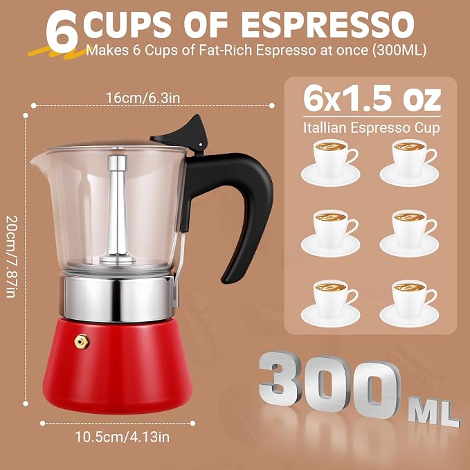 6 Cup 300ml Glass Moka Pot, Stovetop Espresso Maker, Red | Crystal Glass-top & Stainless Steel Coffee Maker, Induction Compatible, for Greca de Cafe, Cuban and Italian Coffee Brewing - Image 5