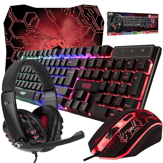 Gaming Keyboard and Mouse and Mouse pad and Gaming Headset, Wired LED RGB Backlight Bundle for PC Gamers and Xbox and PS4 Users - 4 in 1 Edition Hornet RX-250 by Orzly