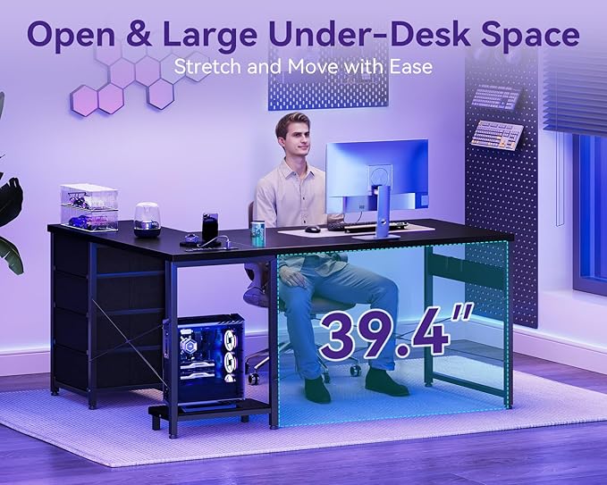 AODK 53" L Shaped Gaming Desk with 4 Drawers and Power Outlets, Black | USB Ports, PC Tower Stand, Hooks, Reversible Corner Layout for Gaming Rooms, Bedrooms and Home Office - Image 6