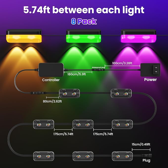 Outdoor Fence Lights, 8 Packs Smart Outdoor Deck Lights RGBCW+IC, with App/Remote Control, Color Changing Lights for Fence, IP67 Waterproof for Backyard Railing Decor (50FT) - Image 7