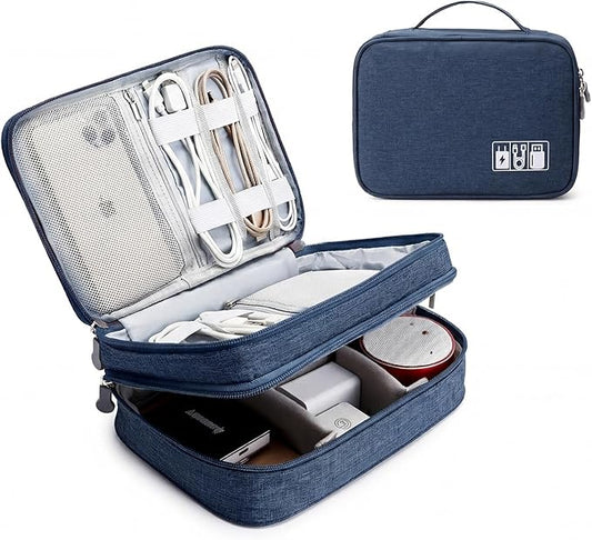 Lanola Travel Cable Organizer Bag, Electronic Accessories Case Portable Double Layer Cable Storage Bag for Cord, Charger, Flash Drive, Phone, SD Card,Personal Items - (Dark Blue) by Lanola