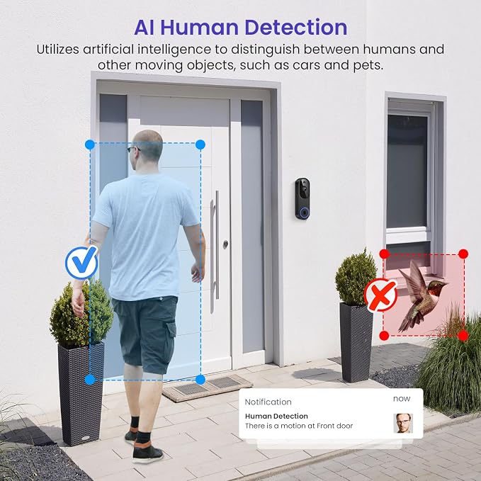 1080p Smart Wi-Fi Doorbell Camera with Doorbell Receiver, AI Motion Detection, Night Vision, Cloud Storage, 2 Way Audio, Battery Powered, 2.4GHz Wi-Fi Only - Image 3