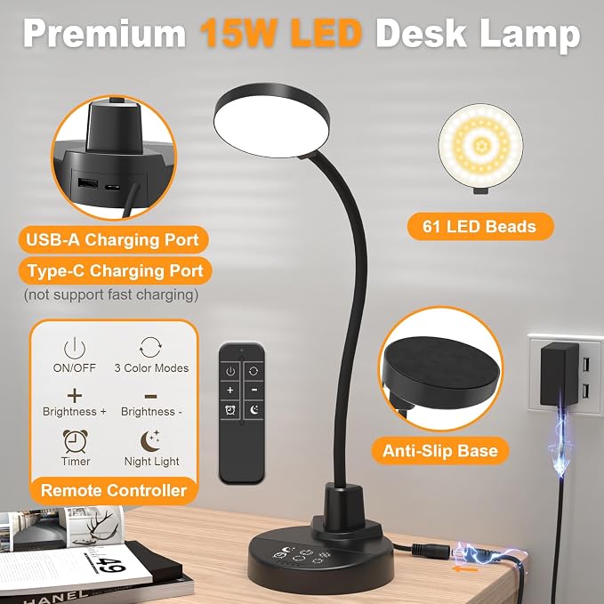 15W LED Desk Lamp with USB Charging Ports, [Button & Remote Control] Dimmable Table Lamp with 3 Color Modes, 5 Brightness Levels, 4 Timers, Flexible Reading Light for Home Office, Bedroom, Kids Study - Image 9