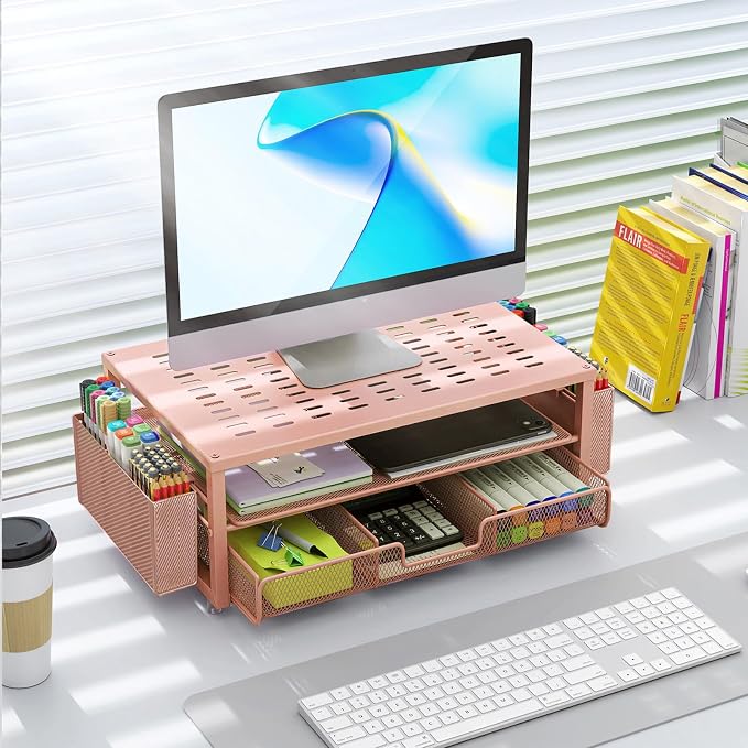 gianotter Desk Organizers and Accessories, Monitor Stand with Drawer and 2 Pen Holder, Desktop Organizer Suitable for Offices and Dormitories (Rose Gold) - Image 8
