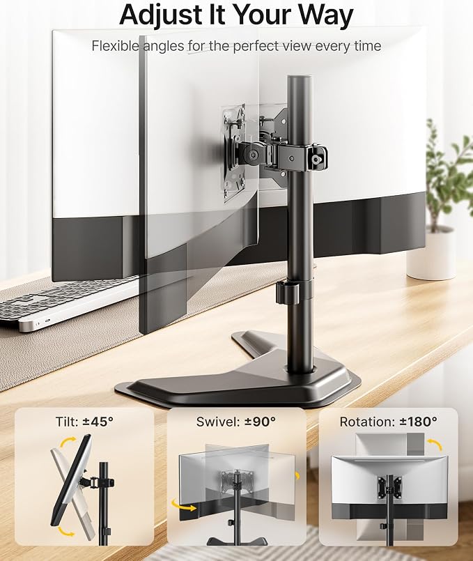 monTEK Freestanding Single Monitor Stand for 17-32" Screens, 22 lbs | Solid V-shaped base, single-screen full-motion arms, height adjustment, tilt, swivel, rotation and VESA 75/100 - Image 4