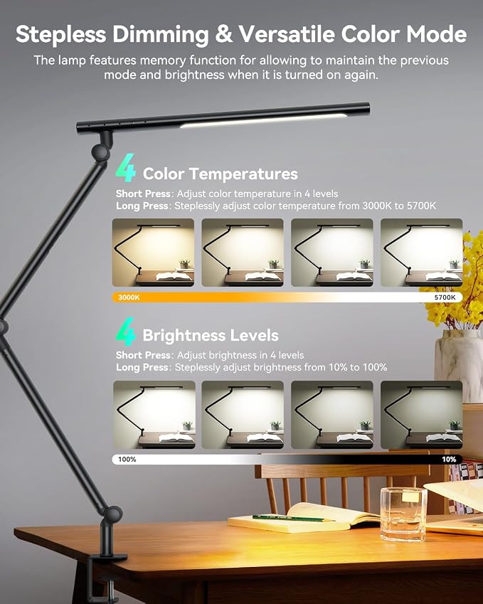 LED Desk Lamp with Clamp, 18W Architect Desk Lamp with Dual Light, Flexible 3 Sections Swing Arm, with RGB Light, with Remote, with Sensor Switch, Stepless Dimming, 4 Color Mode & 5 Brightness - Image 3