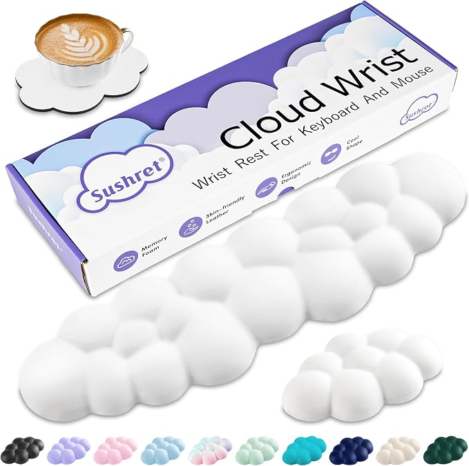 Sushret Cloud Wrist Rest Keyboard, Cloud Keyboard Wrist Pad Set with PU Leather Memory Foam, Cute Arm Rest for Palm Support, PC/Gaming Desk Accessories/Office Setup/Computer Hand Cushion - White by Sushret