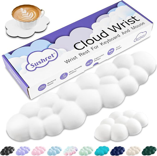 Sushret Cloud Wrist Rest Keyboard, Cloud Keyboard Wrist Pad Set with PU Leather Memory Foam, Cute Arm Rest for Palm Support, PC/Gaming Desk Accessories/Office Setup/Computer Hand Cushion - White by Sushret