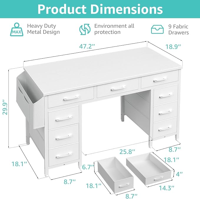 Lufeiya 47 Inch Computer Desk with 9 Drawers, Office Desk Work Desk for Home Office, Study, Writing, Vanity Desk with Fabric Drawers on Both Sides, Large Storage, White - Image 3