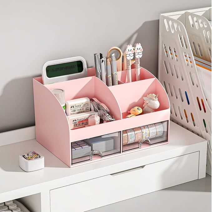 COMFYROOM Desk Organizer with 6 Compartments and 2 Drawers, Plastic Makeup Organizer, Pen Holder for Desktop Storage, Desk Organization for School, Home, Office Supplies Pink-2Pack - Image 3