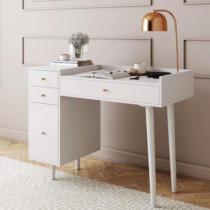 Nathan James Daisy Vanity Dressing Table or Makeup Desk with 4-Drawers and Brass Accent Knobs, White Wood - Image 2