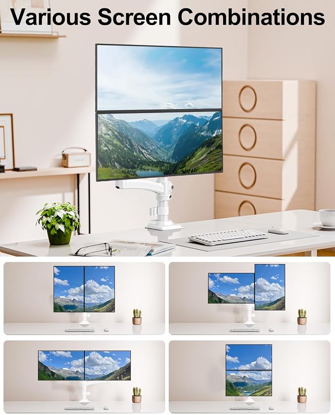 Dual Monitor Stand for 2 Screens up to 32 inch, Vertical Stacked Dual Monitor Mount, Full Motion Adjustable Tall Double Monitor Desk Mount, Each Arm Holds 4.4-22lbs, VESA 75/100mm, White, Freelift - Image 7