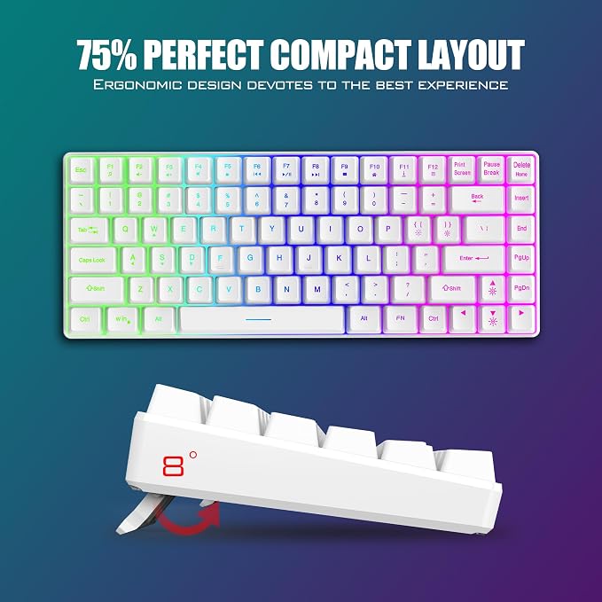 RedThunder K84 Wireless Keyboard and Mouse Combo, Rainbow Backlit Rechargeable Battery, 75% Layout TKL Ultra Compact Gaming Keyboard & Lightweight 3200 DPI Honeycomb Optical Mouse (White) - Image 6