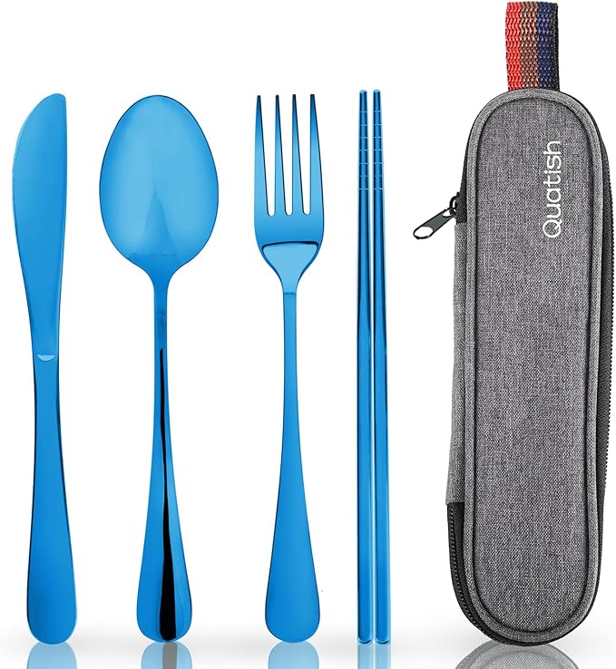 Travel Utensils with Case, Quatish Portable Silverware Set for Work, Stainless Steel Reusable Travel Cutlery, Fork and Spoon Set for Camping, Picnic, Gadgets, Lunch Box for Men, Christmas Gift, Blue by Quatish