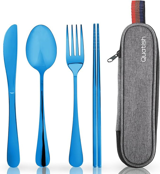 Travel Utensils with Case, Quatish Portable Silverware Set for Work, Stainless Steel Reusable Travel Cutlery, Fork and Spoon Set for Camping, Picnic, Gadgets, Lunch Box for Men, Christmas Gift, Blue by Quatish