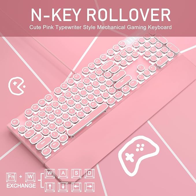 Camiysn Typewriter Style Mechanical Gaming Keyboard, Pink Retro Punk Gaming Keyboard with White Backlit, 104 Keys Blue Switch Wired Cute Keyboards, Round Keycaps for Windows/Mac/PC - Image 2