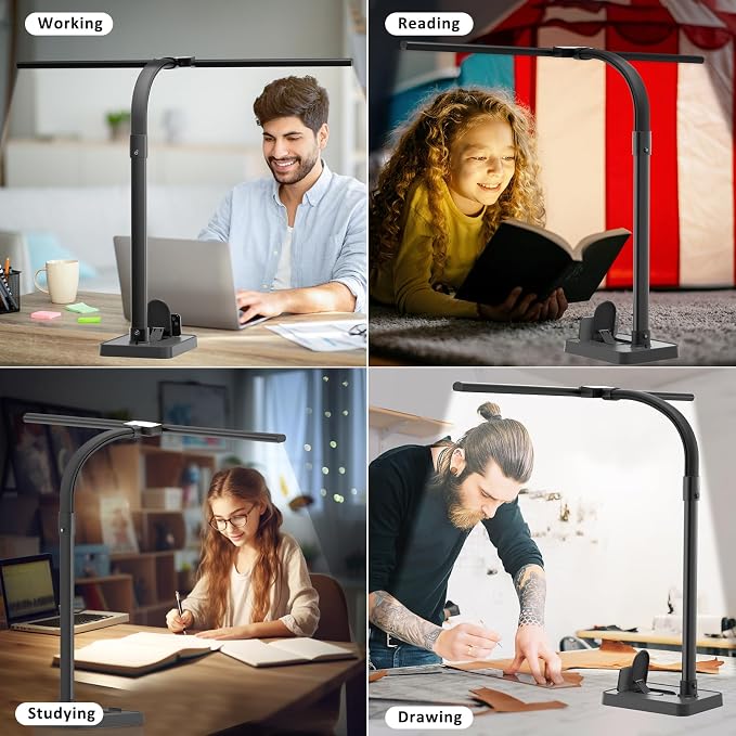 Double Head LED Desk Lamp, Architect Desk Lamps for Home Office, 24W Brightest Workbench Office Lighting-5 Color Modes and 5 Dimmable Eye Protection Modern Desk Lamp (Black-Desktop, Big) - Image 7
