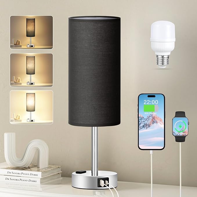 Black Bedroom Table Lamp for Bedside - 3 Way Dimmable Touch Lamp USB C A Charging Ports and AC Outlet, Small Desk Lamp for Nightstand for Living Room with Silver Base, Office Desk, LED Bulb Included by Fenmzeelighting