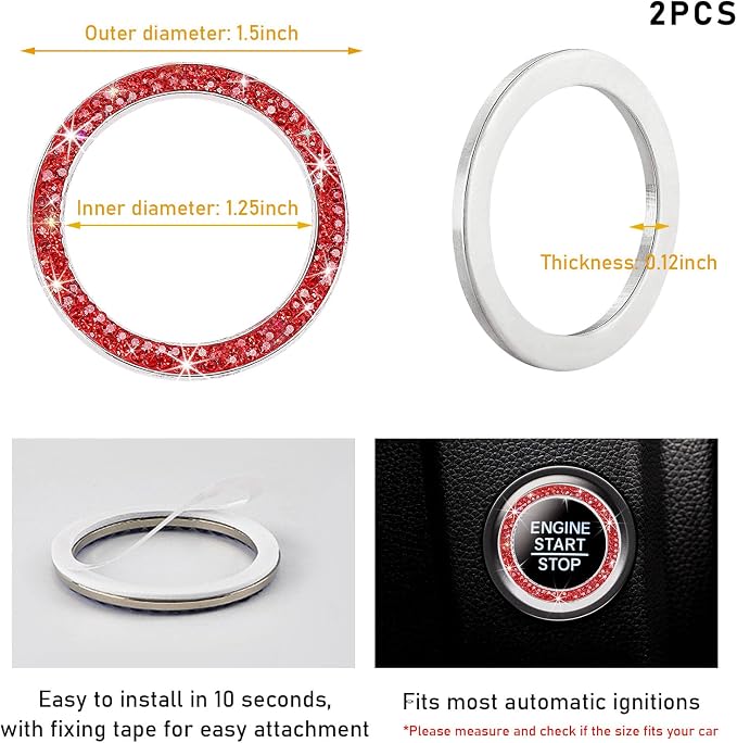 Kewucn 2 PCS Bling Crystal Double Rhinestone Car Engine Start Decoration Ring, Sparkling Push Start Button Sticker, Key Ignition & Knob Ring Decoration, Bling Car Interior Accessory(Red) - Image 2