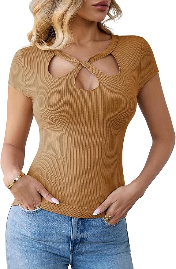 Pink Queen Sexy Tops for Women Cutout Keyhole Neck Cap Sleeve Shirts Casual Summer Clothes 2026 Fashion - Image 8