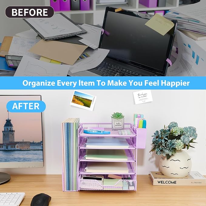 Desk Organizers and Accessories, 5-Tier Paper Letter Tray Organizer with File Holder, Drawer & Pen Holder, Office Desk Accessories, Desktop Organizer for Classroom Office Supplies, Purple - Image 4