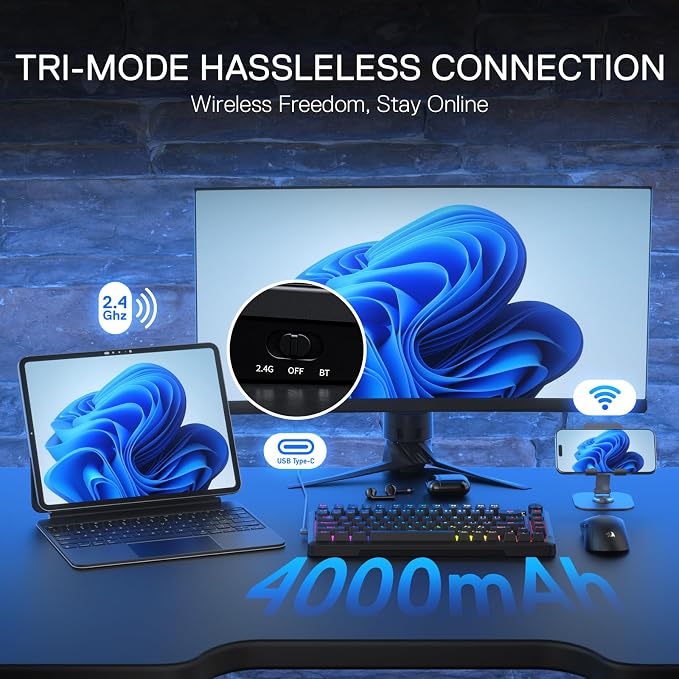 Redragon K724 PRO Wireless 81-Key Gasket Gaming Keyboard with Screen & Knob | Easy-Control LED Info Display, 0-Delay Tri-Mode, Cushioned 5-Layer Noise Dampening for Creamy Thocky Sound, Compact 80% Size - Image 7