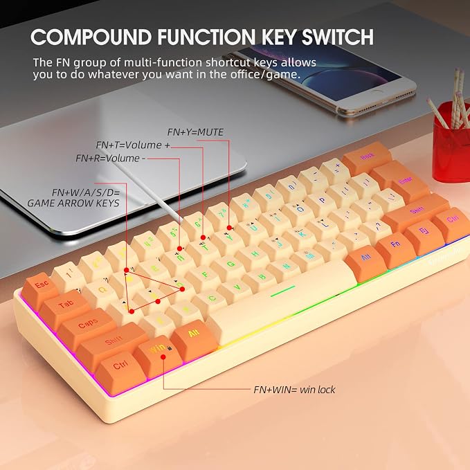 Snpurdiri 60% Wired Gaming Keyboard, RGB Backlit Ultra-Compact Mini Keyboard, Waterproof Mini Compact 61 Keys Keyboard for PC/Mac Gamer, Typist, Travel (Orange and Cream) | Backlit Ultra-Compact Mini Gaming Keyboard for PC/Mac Gamer, Typist, Travel - Image 9