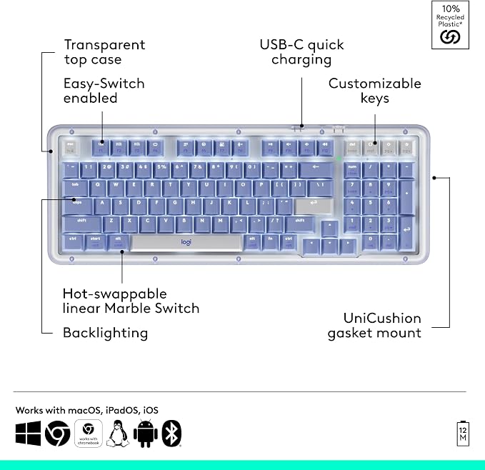 Logitech Alto Keys K98M Wireless Mechanical Gasket Keyboard - Lilac | Customizable, clicky, vibration absorbing gasket, white backlit keys, Bluetooth, USB-C charging, for PC, Mac, Laptops - Image 7